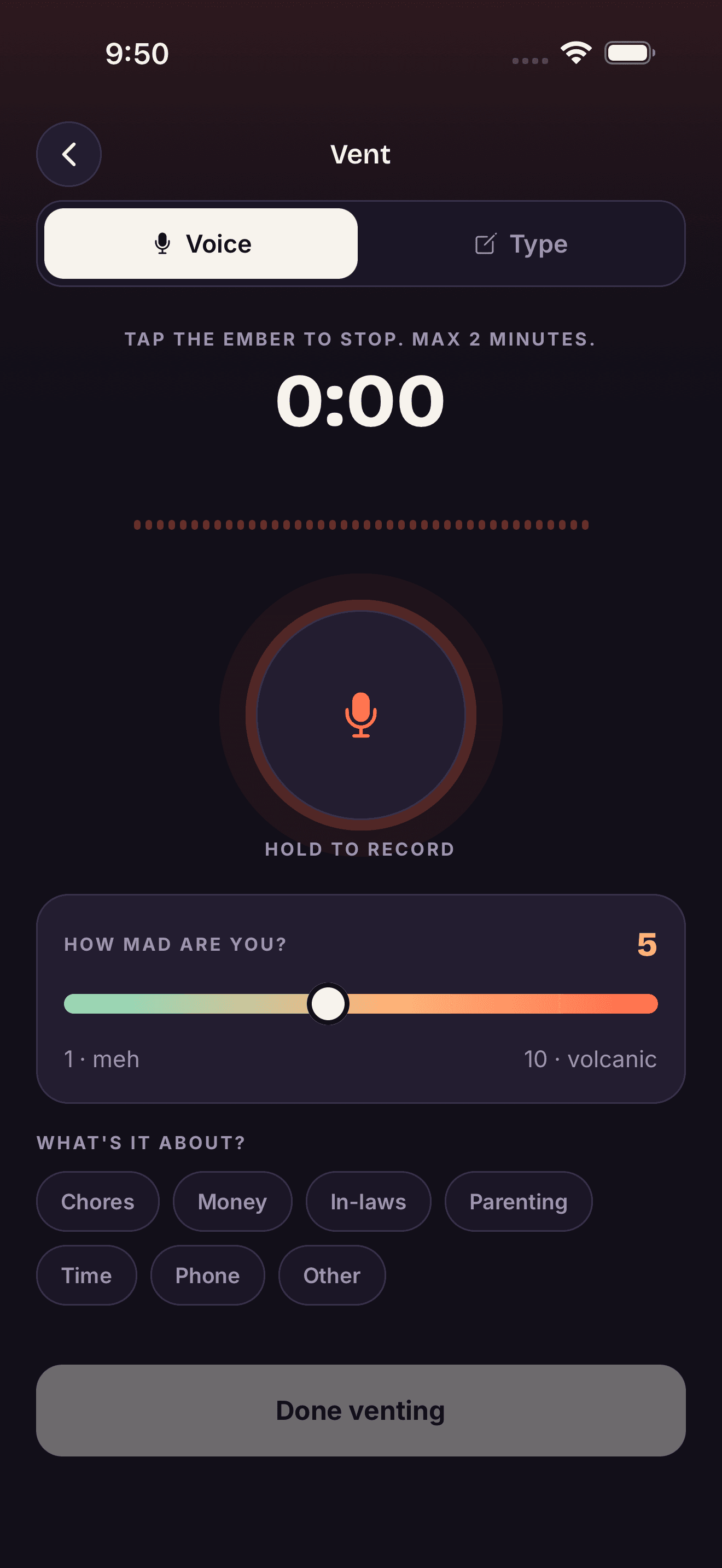 Voice-first vent capture with anger level